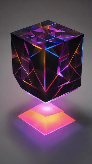 Foto renderización 3d de un cubo de triángulo brillante con fondo oscuro