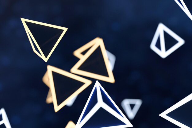 Renderización 3D de un cubo de triángulo brillante con fondo oscuro