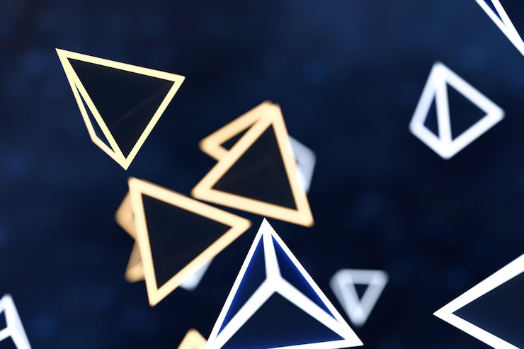Foto renderización 3d de un cubo de triángulo brillante con fondo oscuro