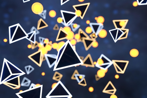 Renderización 3D de un cubo de triángulo brillante con fondo oscuro
