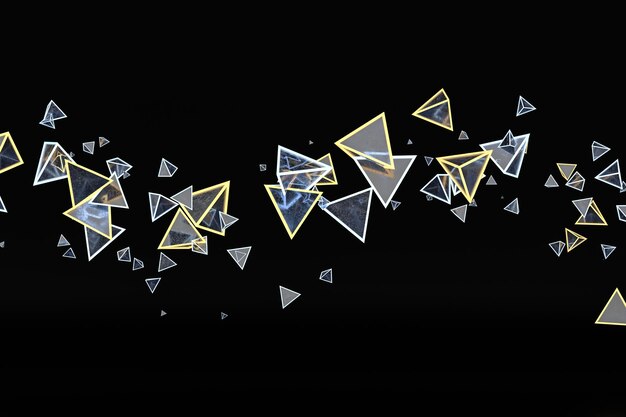 Renderización 3D de un cubo de triángulo brillante con fondo oscuro