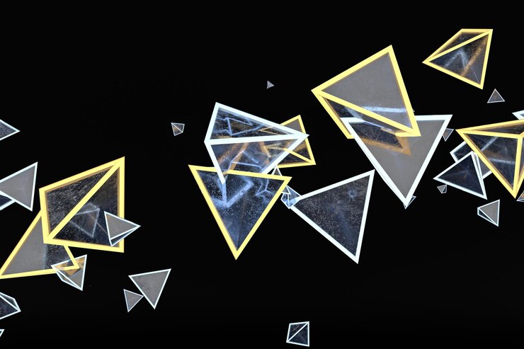 Foto renderización 3d de un cubo de triángulo brillante con fondo oscuro