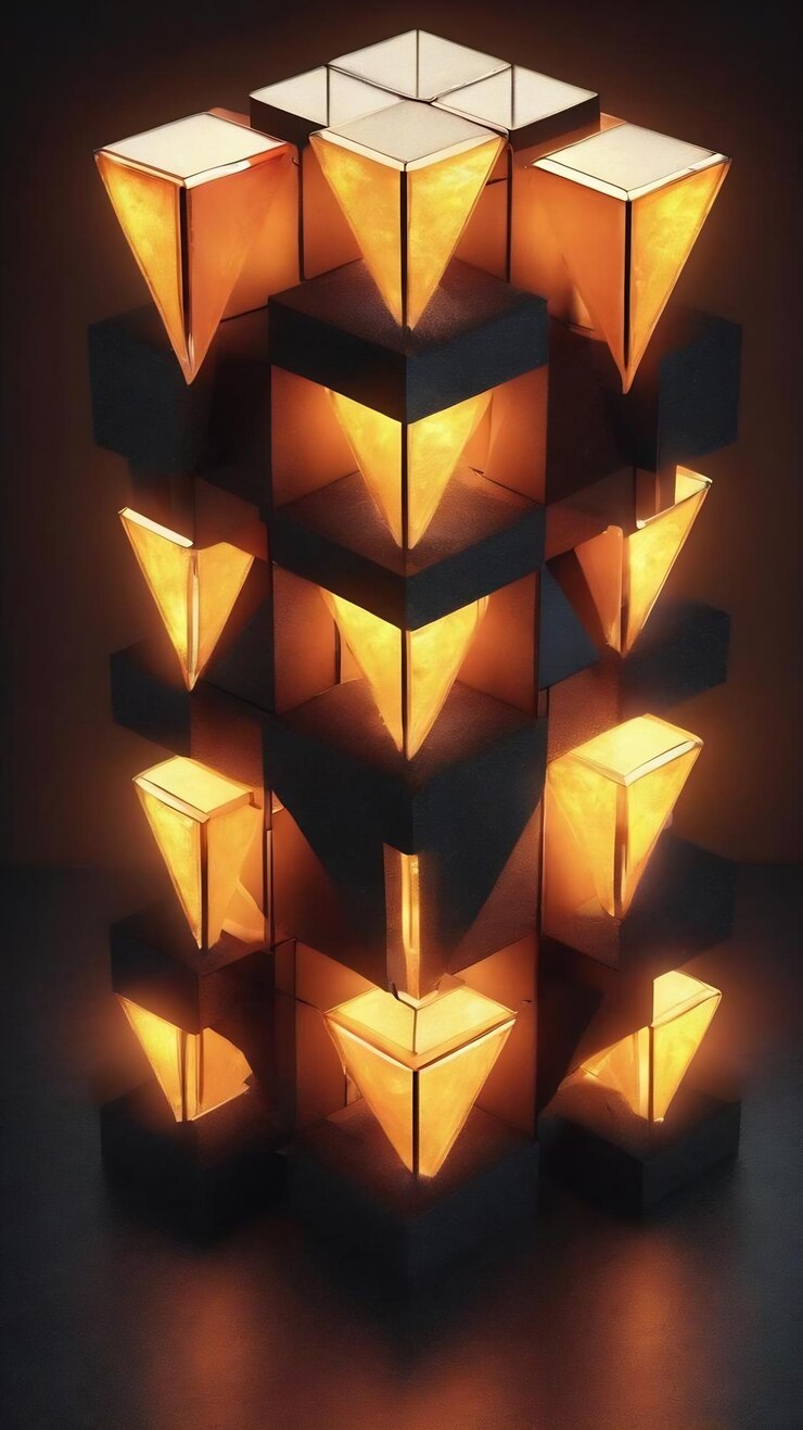 Foto renderización 3d de un cubo de triángulo brillante con fondo oscuro