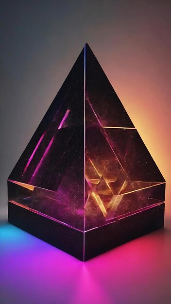 Renderización 3D de un cubo de triángulo brillante con fondo oscuro