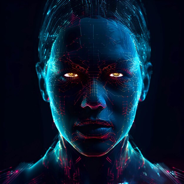 Renderización en 3D de una cyborg femenina con la cabeza brillante sobre un fondo oscuro