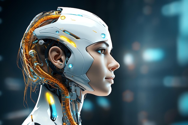 Renderización en 3D de un cyborg femenino frente a un fondo de tecnología abstracta