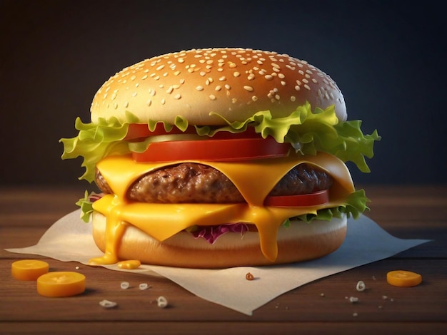 Renderización en 3D de una deliciosa hamburguesa de queso