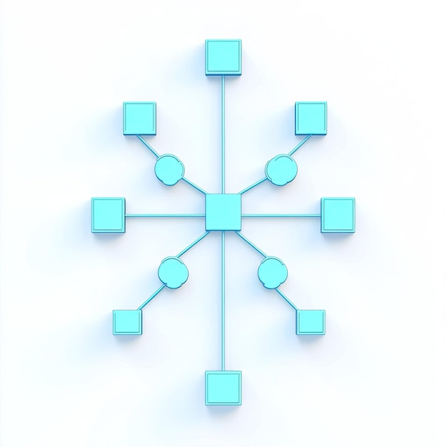 Renderización 3D de un diagrama de red azul con 9 nodos y líneas