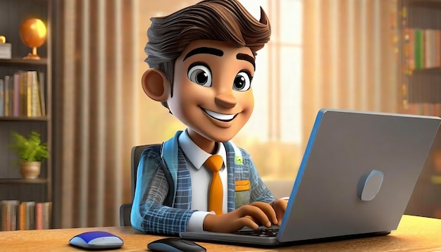 Renderización 3D de dibujos animados como un hombre trabajando en la computadora