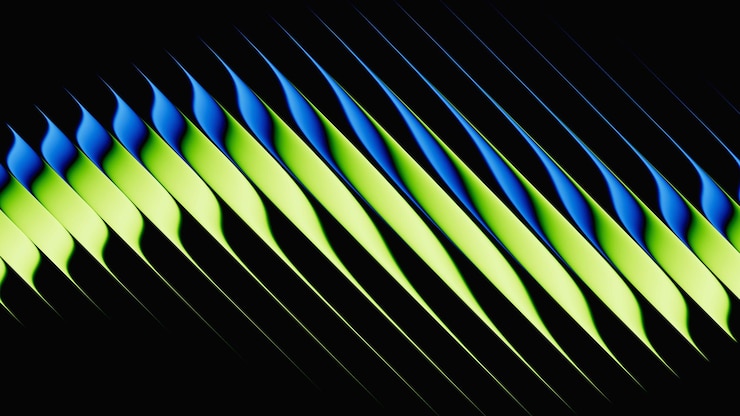 Foto renderización 3d dinámica de rayas geométricas abstractas en gradiente azul y verde sobre un fondo negro