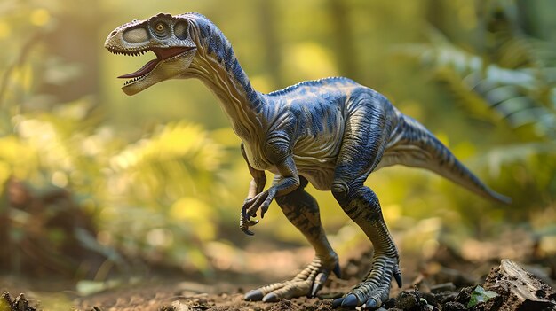 Renderización 3D de un dinosaurio realista El dinosaurio está de pie en cuatro patas y mirando a la izquierda del cuadro