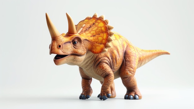 Foto renderización 3d de un dinosaurio triceratops de dibujos animados el triceratop está de pie sobre un fondo blanco y mirando hacia la izquierda tiene un cuerpo marrón claro