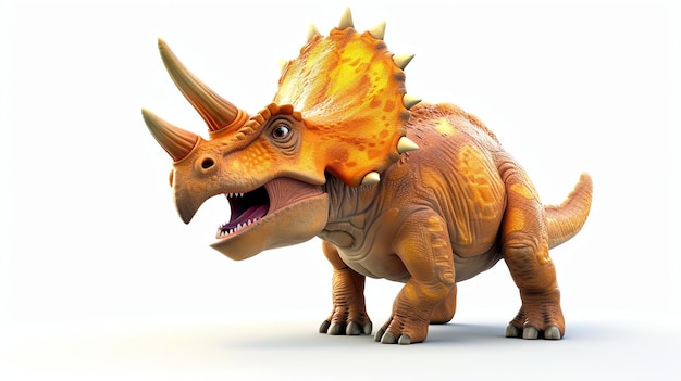 Foto renderización 3d de un dinosaurio triceratops de dibujos animados el triceratop está de pie sobre un fondo blanco y tiene un cuerpo amarillo y un borde naranja