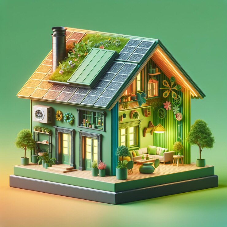 Renderización en 3D del diseño de casas sostenibles con paneles solares, plan de construcción verde y árboles en Wh