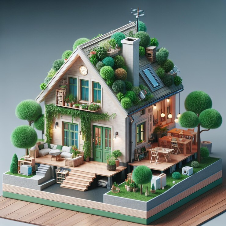 Renderización en 3D del diseño de casas sostenibles con paneles solares, planos de edificios verdes y árboles