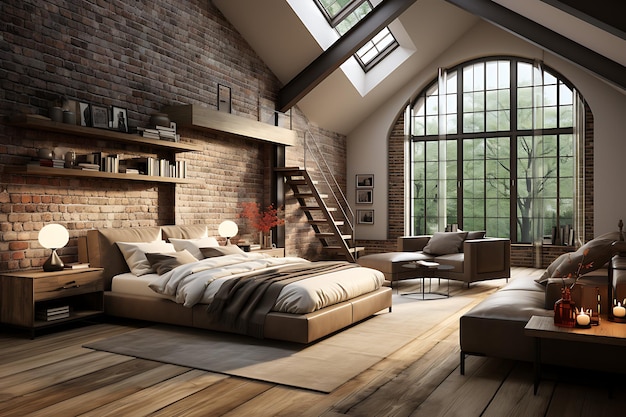 Renderización 3D de un diseño interior de dormitorio moderno en un estilo loft