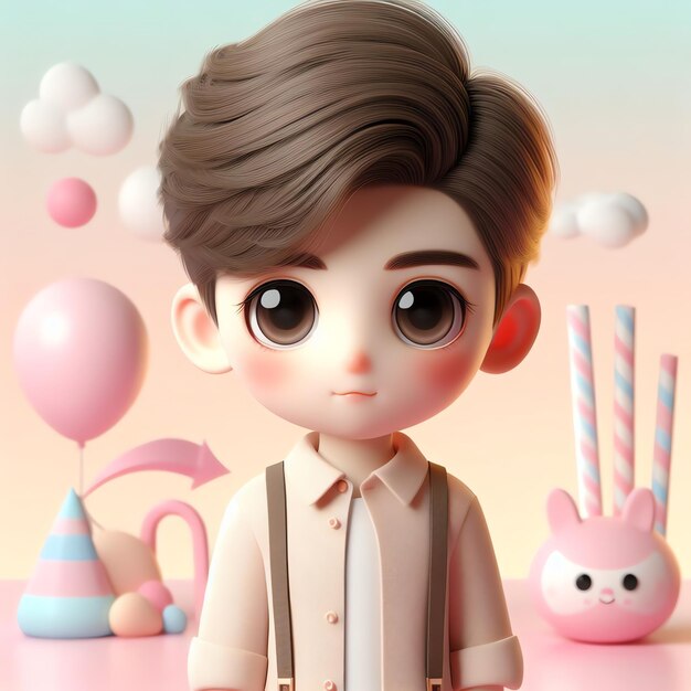 Renderización 3D del diseño de personajes de dibujos animados, ilustración y papel tapiz de fondo de estilo kawaii