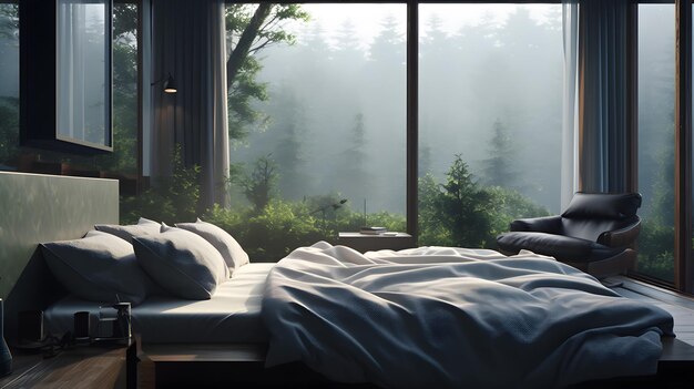 Renderización 3D de un dormitorio moderno en la mañana del bosque con niebla y luz solar