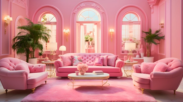 Renderización 3D de un dormitorio moderno rosado de Barbie en el ático con una gran ventana