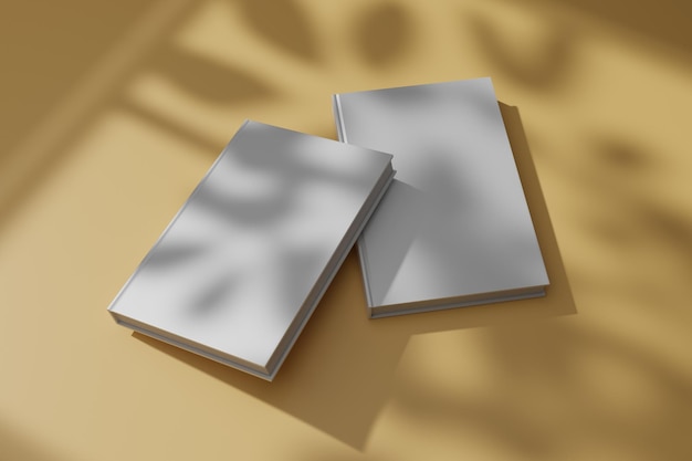 Renderización 3D de dos libros blancos en blanco con sombra de ventana y rama de árbol para el diseño de maqueta