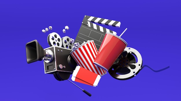 Renderización 3D de elementos de la industria cinematográfica entradas de cámara silla de cine de palomitas de maíz para publicidad de cine