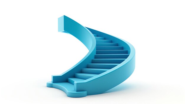 Renderización 3D de una escalera en espiral azul con un fondo blanco La escalera está hecha de líneas curvas lisas y tiene un diseño minimalista moderno