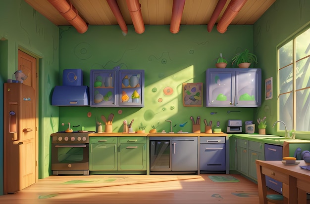 Renderización 3D de la escena de la cocina en estilo de dibujos animados