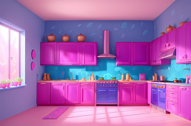 Renderización 3D de la escena de la cocina en estilo de dibujos animados