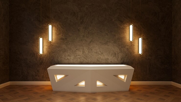Renderización 3D de una escena mínima de podio o mesa sobre un fondo de yeso