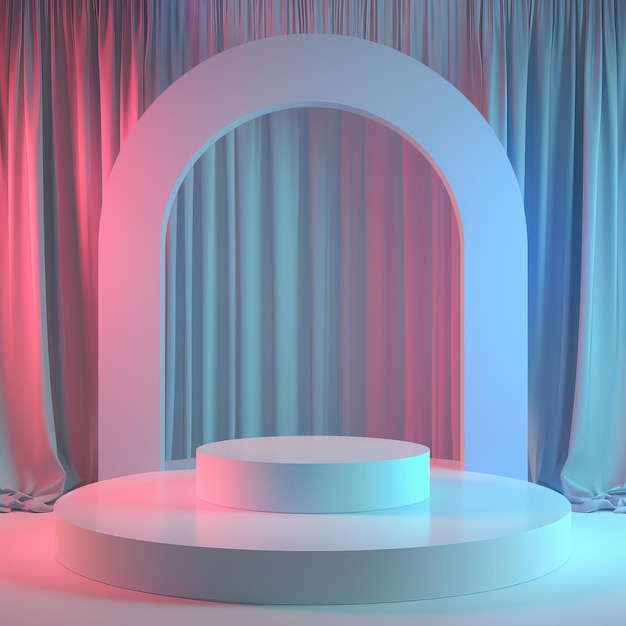 Renderización en 3D de un escenario con cortinas de podio y un arco brillante
