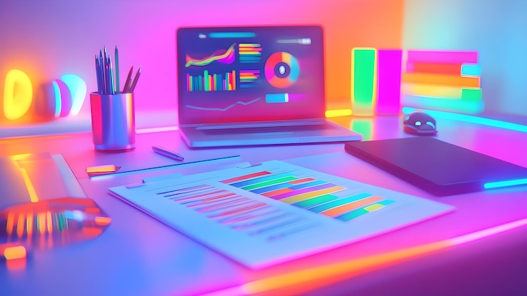 Foto renderización 3d de un escritorio con luces de neón y gráficos