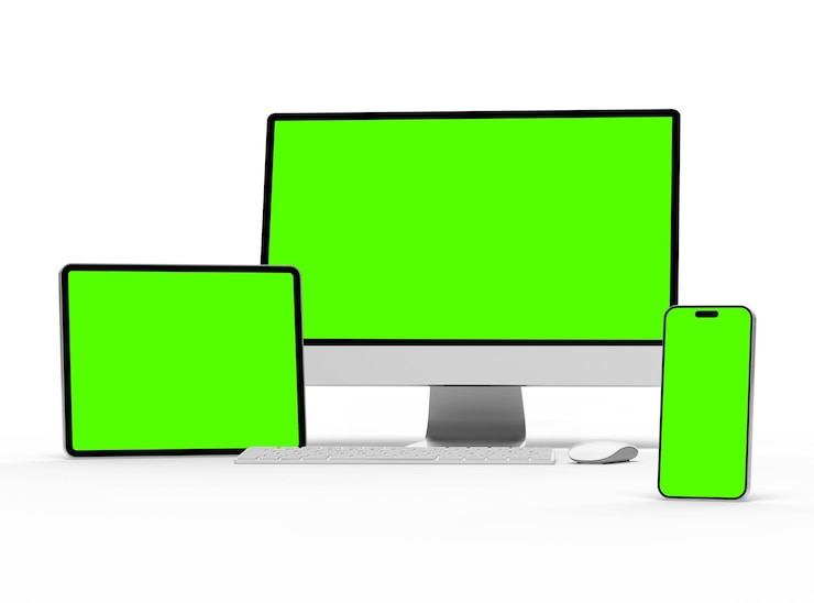 Foto renderización 3d del escritorio de la tableta de teléfono inteligente con pantallas verdes sobre un fondo claro