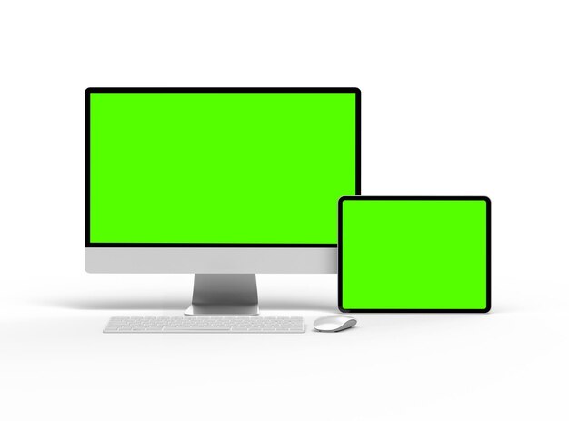 Renderización 3D del escritorio de la tableta de teléfono inteligente con pantallas verdes sobre un fondo claro
