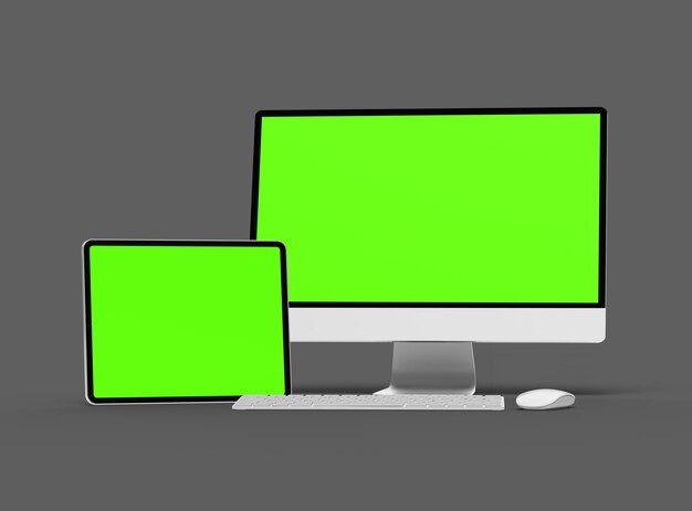 Renderización 3D del escritorio de la tableta de teléfono inteligente con pantallas verdes sobre un fondo oscuro