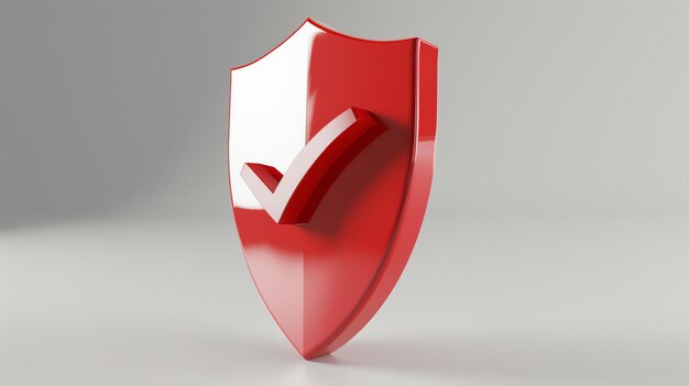 Renderización 3D de un escudo rojo y blanco con una marca de comprobación en un fondo blanco El escudo es brillante y tiene un borde biselado