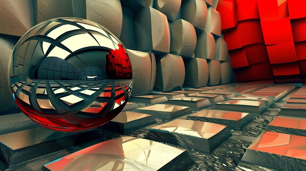 Renderización 3D de una esfera brillante que refleja un entorno geométrico futurista con tonos rojos y grises
