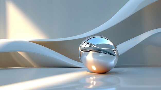 Renderización 3D de una esfera brillante en una superficie reflectante