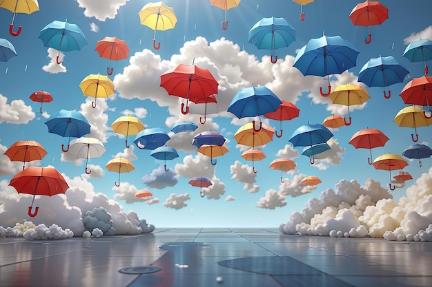 Renderización 3D de estilo de dibujos animados de paraguas y nubes con lluvia en el concepto de la temporada de lluvias