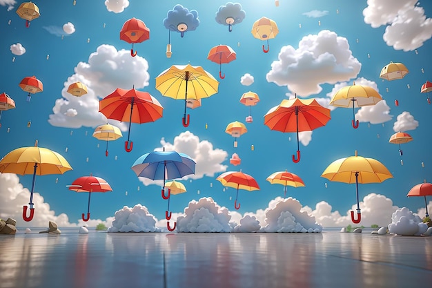 Renderización 3D de estilo de dibujos animados de paraguas y nubes con lluvia en el concepto de la temporada de lluvias