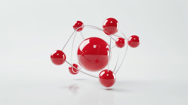 Foto renderización 3d de una estructura molecular con esferas rojas y enlaces plateados sobre un fondo blanco