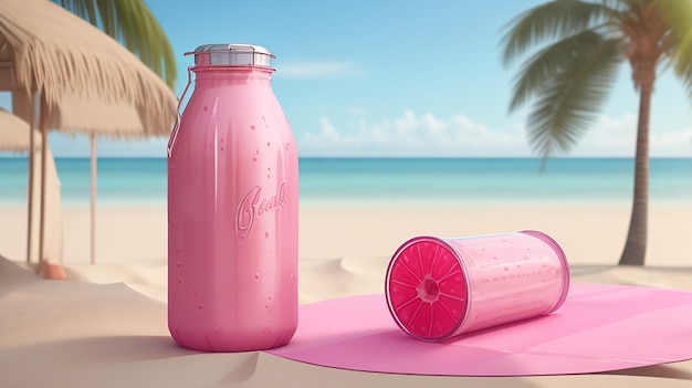 Renderización 3D de la etiqueta de envase de bebidas rosa en un refrescante fondo de playa