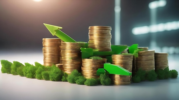 Renderización 3D con flecha de crecimiento verde y pilas de monedas