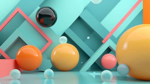 Foto renderización 3d de un fondo abstracto colorido con esferas flotantes y formas geométricas