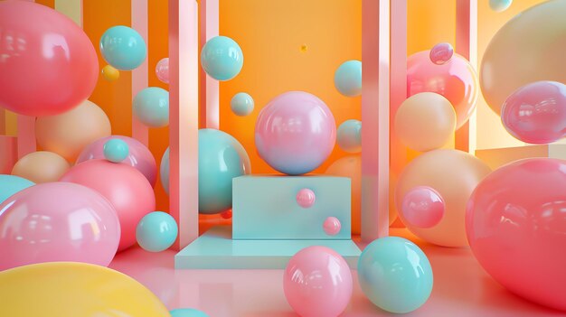 Renderización 3D de un fondo abstracto colorido con esferas flotantes y un podio en el centro