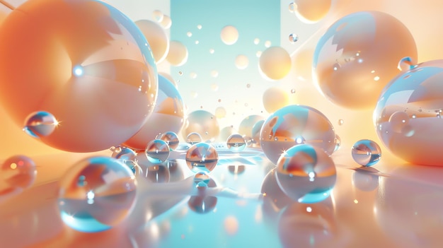 Renderización 3D Fondo abstracto con esferas de vidrio flotantes Futurista y elegante