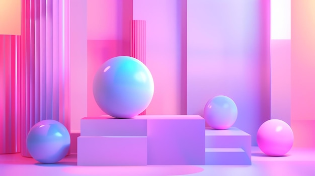 Renderización 3D de un fondo abstracto rosa y azul con esferas y podios