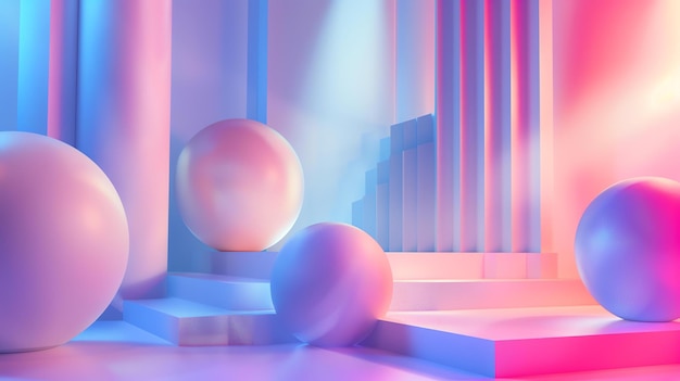 Foto renderización 3d de un fondo abstracto rosa y azul con esferas y podios