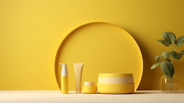 Renderización 3D del fondo amarillo del producto para cosméticos de crema Fondo moderno del podio