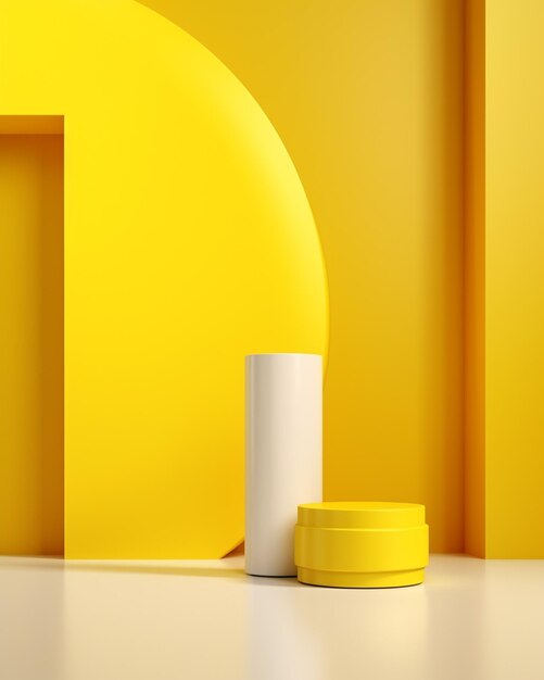 Renderización 3D del fondo amarillo del producto para cosméticos de crema Fondo moderno del podio