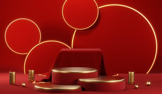 Renderización 3D del fondo en blanco del producto para cosméticos de crema Fondo de podio rojo moderno